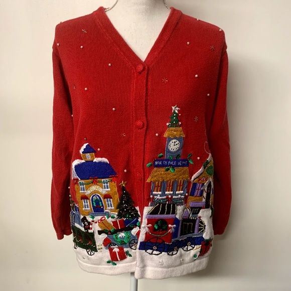 Vintage Sweaters - Vintage Christmas Town Ugly Christmas Sweater 90s